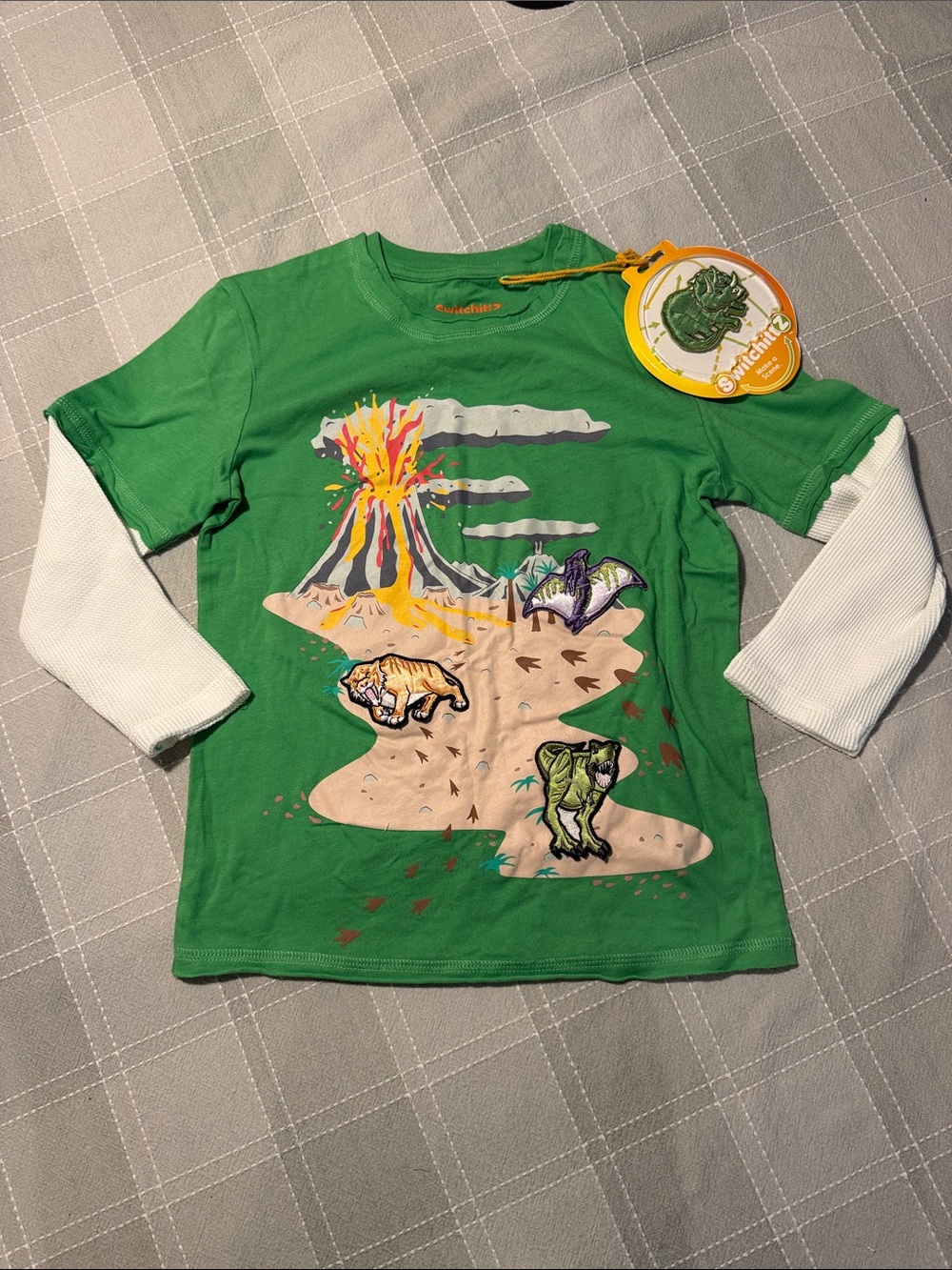Green Dinosaur Volcano Layered-Look Kids Top